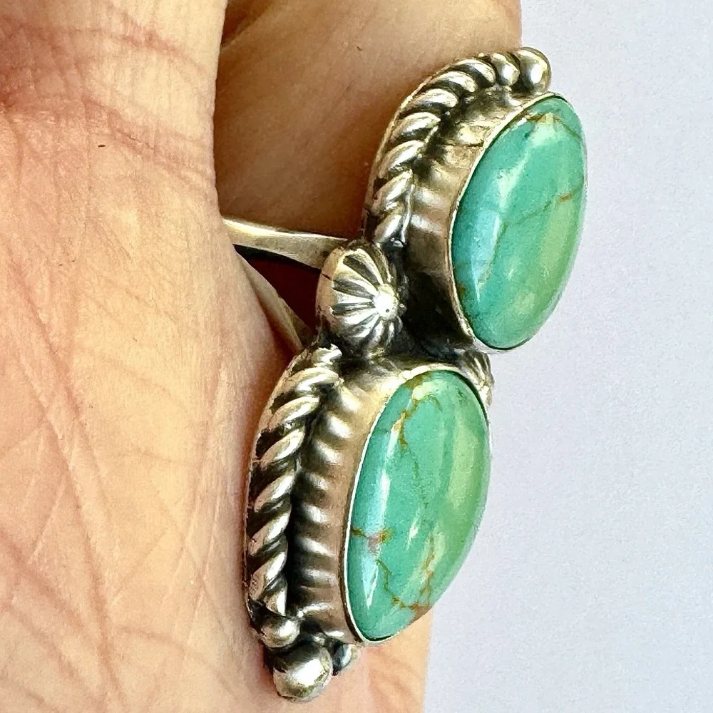 Navajo Turquoise Ring Two Stone Size 7 Signed Shakey Long Sterling
